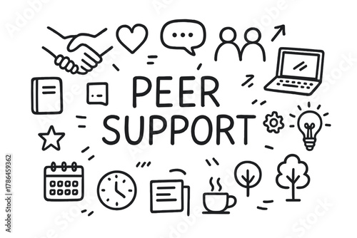 Peer Support Doodle. Peer Support. Hand-drawn doodle illustration of Peer Support. handshake, heart, people