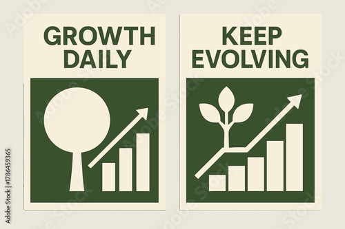 Olive Growth Banners. Growth daily. Two vertical A6 banners with safe margins, centered composition, no elements touching edges, geometric, olive green and