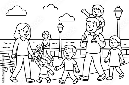 Seaside Promenade Coloring Page. Seaside promenade children?s coloring book illustration, outlined drawing, families walking along an ocean embankment with