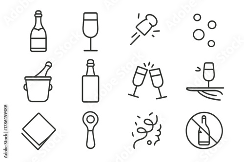 Champagne Icons Collection. Champagne and Toasts. Line icon set of Champagne and Toasts: champagne bottle, flute glass, popping cork, bubbles, ice bucket,