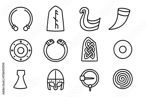 Celtic Norse Icon Set. Celtic and Norse relics. Line icon set of Celtic and Norse relics: torc necklace, rune stone, longship prow, drinking horn, shield boss,