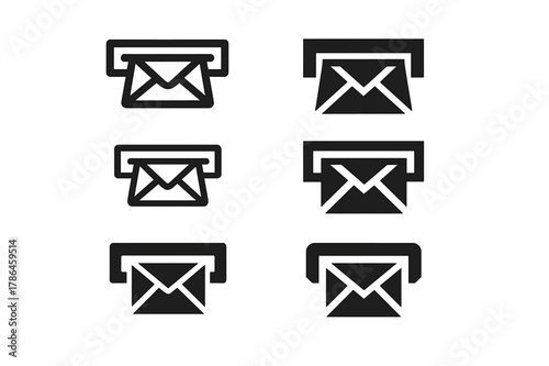 Mail Icon Variations. Bringing in the mail. Icon set. Set Logo of bringing in the mail: front-door mail slot with envelope halfway through. harmonious logo