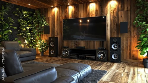 Modern home theater with large tv, surround sound, leather seating, wooden walls, and indoor plants
