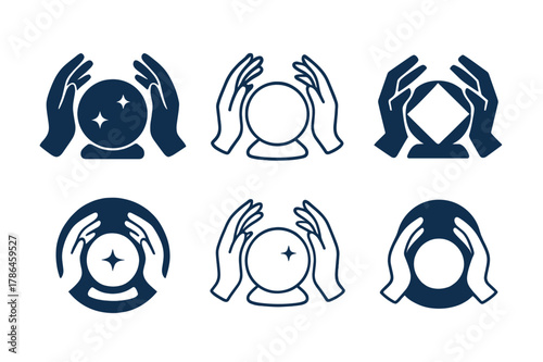 Crystal Ball Logo Variations. Crystal ball. Icon set. Set Logo of Crystal ball: fortune-teller hands. harmonious logo variations of the same emblematic