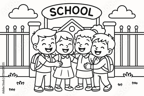 School Reunion Coloring Page. School reunion children?s coloring book illustration, outlined drawing, happy