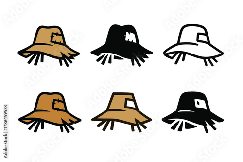 Scarecrow Hat Logos. Scarecrow hat. Set Logo of scarecrow hat: floppy farm hat with patch detail and straw edges. Icon set. harmonious logo variations of the