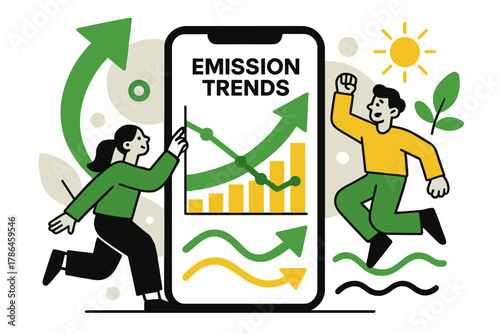 Eco Trend Visualization. Green progress analytics. A phone displays dynamic infographics showing emission