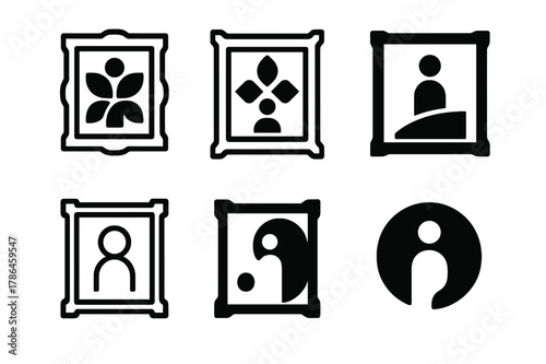 Cultural Art Diversity. Cultural diversity in art. Set Logo of Cultural diversity in art: gallery frames with varied motifs. Icon set. harmonious