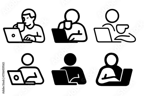 Coffee and Work Logos. Drinking coffee while working. Icon set. Set Logo of drinking coffee while working: person typing with cup in hand. harmonious logo