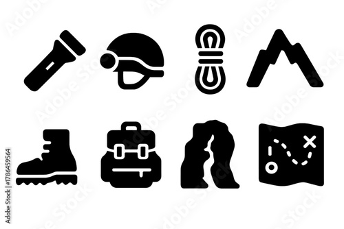 Cave Exploration Icons. Cave exploration. Filled icon set of cave exploration: flashlight, helmet, rope,