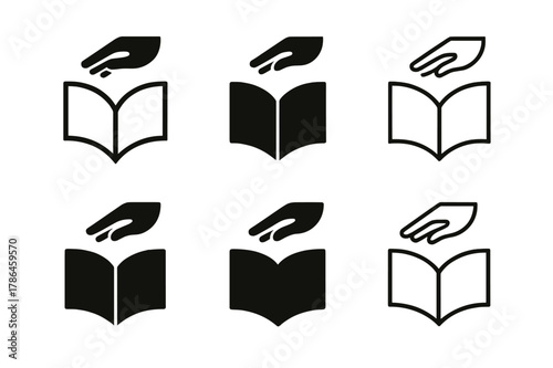 Harmonious Logo Variations. Philanthropists or nonprofit workers volunteering. Set Logo of mentorship: open book with guiding hand above. Icon set. harmonious