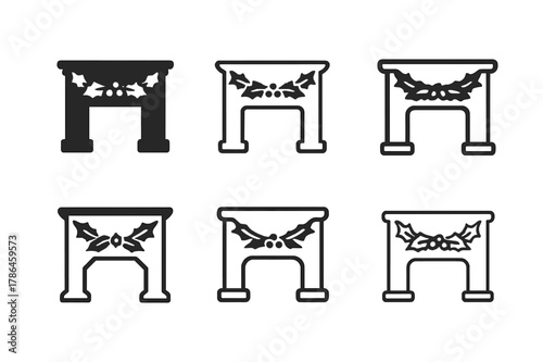 Logo Variations Display. fireplace mantel. Set Logo of fireplace mantel: holiday garland draped over mantel. Icon set. harmonious logo variations of the same