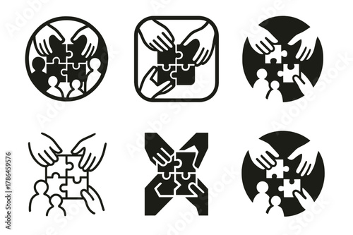 Puzzle Family Logos. A family putting together a puzzle on a cozy afternoon. Set Logo of a family putting together a puzzle on a cozy afternoon: hands placing