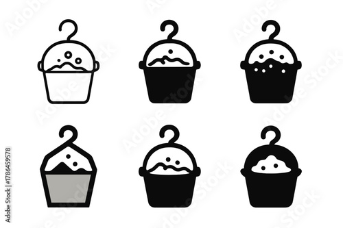 Feed Bucket Icons. feed bucket. Icon set. Set Logo of feed bucket: wall-hanging bucket with hook. harmonious logo variations of the same emblematic concept,