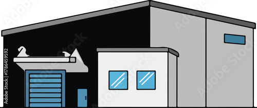 Vector Illustration of Modern Warehouse Building with Loading Dock and Office Area