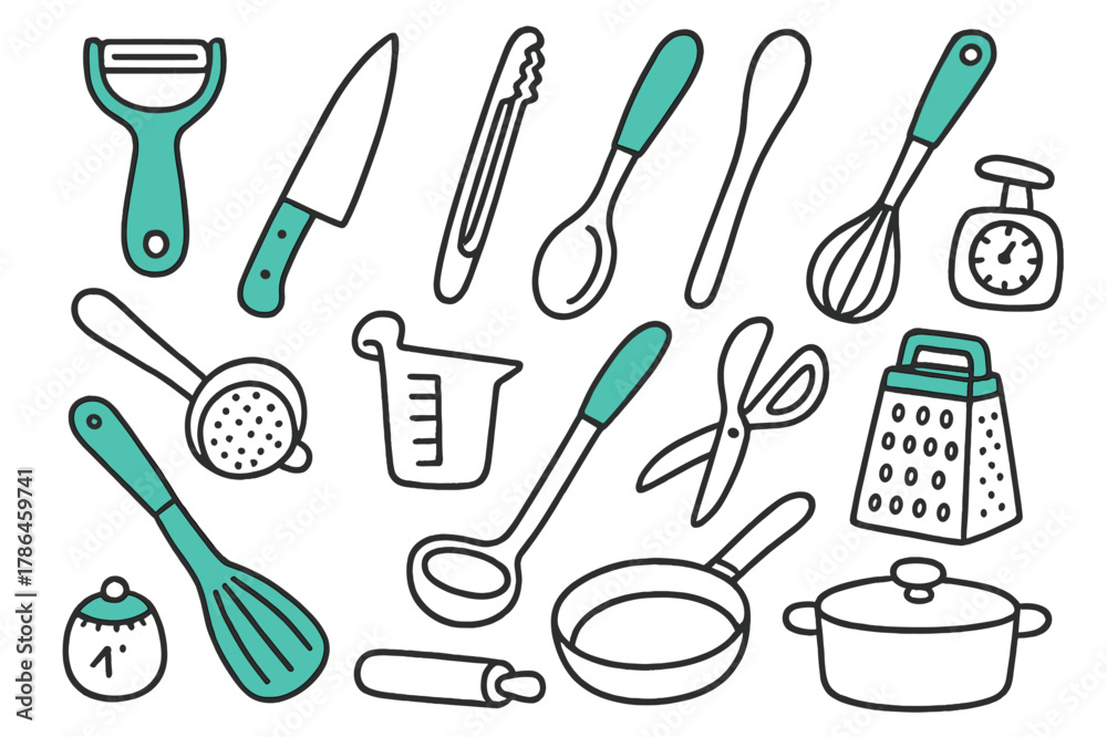 Fototapeta premium Cartoon Cooking Tools. // Cooking tools. Hand-drawn doodle illustration cooking tools [vegetable peeler (accented), chef?s knife (accented), tongs, ladle,