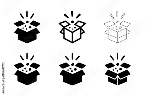 Forgotten Treat Logos. Finding a forgotten treat or snack in your pantry. Set Logo of Forgotten treat: opened box with crumbs and joy spark. Icon