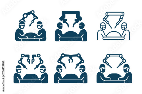 Surgical Robotics Icons. Surgeons performing medical procedures. Set Logo of Surgeons performing medical procedures: robotic surgery arms over operating table.