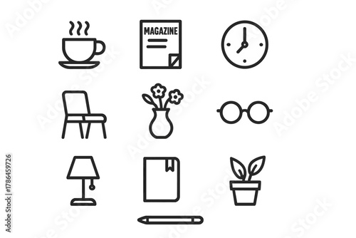 Reading Corner Icons. Reading corner items. Line outline icon set of reading corner items: coffee cup,