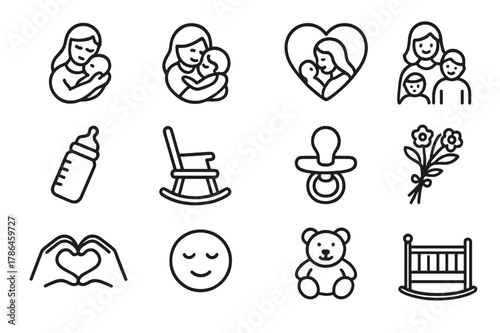 Mom and Child Icons. Mom and child. Line icon set of mom and child: mother holding baby, hug, heart, family, baby bottle, rocking chair, pacifier, flowers,
