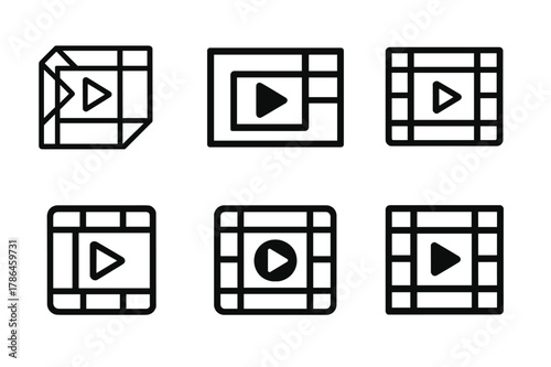 Music Video Logos. Music video shoots and production. Set Logo of Music video shoots and production: storyboard frames with play icon. Icon set. harmonious