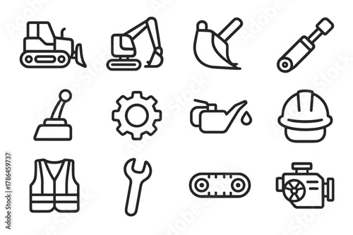 Heavy Machinery Icons. Heavy machinery. Line icon set of heavy machinery: bulldozer, excavator arm, digger bucket, hydraulic piston, control lever, gear wheel,