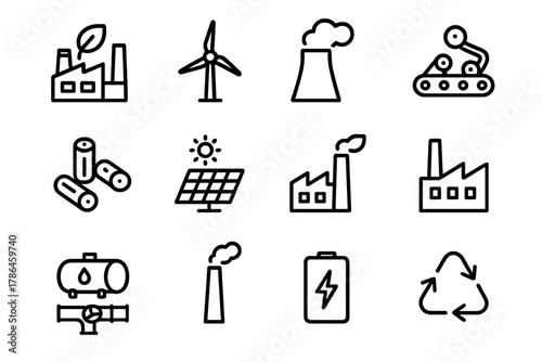 Energy Icons Set. Energy production. Line outline icon set of energy production: biomass plant, turbine,