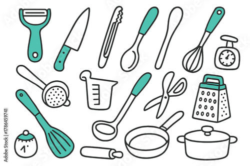Cartoon Cooking Tools. // Cooking tools. Hand-drawn doodle illustration cooking tools [vegetable peeler (accented), chef?s knife (accented), tongs, ladle,