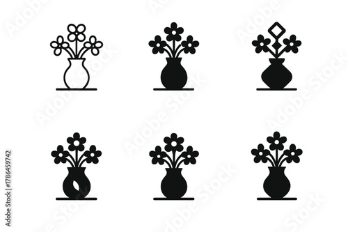 Flower Vase Logos. tabletop flower vase. Set Logo of tabletop flower vase: ceramic vase with blooming flowers. Icon set. harmonious logo variations of the same