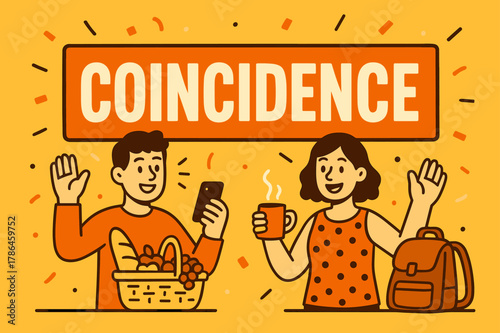 Coincidence Vector Banner. Coincidence banner, flat vector illustration, bold oversized text inside rectangular frame, cartoon characters standing and waving