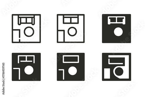 Room Layout Logos. Room layouts and space optimization. Set Logo of room layouts and space optimization: top-down view of living space. Icon set. harmonious