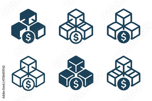 Blockchain Finance Logos. Blockchain and finance. Set Logo of Blockchain and finance: linked ledger blocks with coin. harmonious logo variations of the same