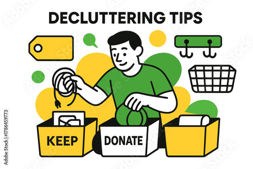 Organized Living Illustration. Decluttering tips. A person sorting items into bins, abstract floating icons of