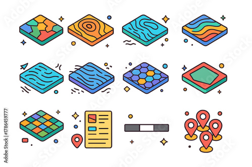 Colorful Geospatial Icons. Geospatial scientific visuals. Colorful isometric vector icons set of Geospatial scientific visuals: choropleth map, contour lines,