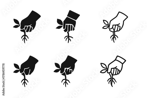 Weed Pulling Logos. Pulling weeds. Set Logo of Pulling weeds: gloved hand pulling taproot. Icon set. harmonious logo variations of the same emblematic concept,