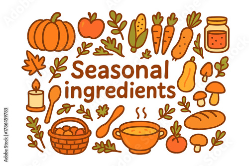 Seasonal Harvest Art. Seasonal ingredients. Hand-drawn doodle illustration of Seasonal ingredients. Pumpkin,