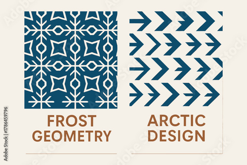 Frost and Arctic Designs. Crystal Patterns. Two vertical A6 banners with safe margins, centered composition, no elements touching edges, geometric, sapphire