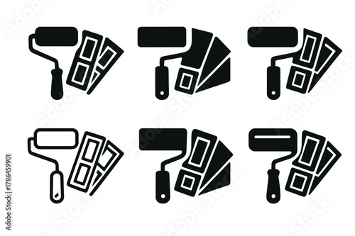 Kitchen Renovation Logos. Home renovation specialists remodeling kitchens. Icon set. Set Logo of Home renovation specialists remodeling kitchens: paint roller