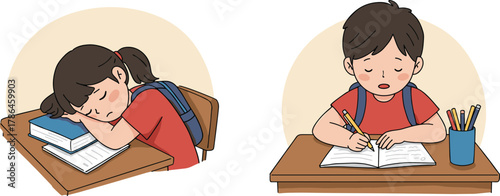 Tired schoolgirl sleeping on books while classmate writes homework at desk, education fatigue, study stress, classroom learning scene, flat vector illustration