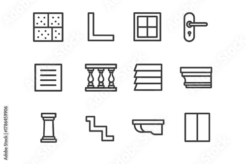 Architectural Icon Set. Architectural Details. Line icon set of Architectural Details: facade texture, corner trim, window frame, door handle, vent cover,