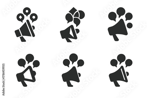 Creative Logo Brainstorm. Marketing professionals brainstorming ideas. Set Logo of marketing professionals brainstorming ideas: megaphone with speech bubbles