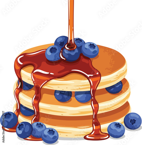 Delicious Stack of Fluffy Pancakes Drizzled with Syrup and Fresh Blueberries