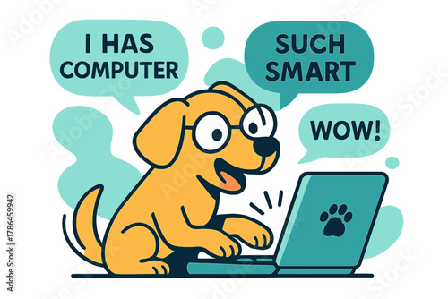 Playful Dog Typing. Pet Meme Comedy. A dog wearing oversized glasses typing on a laptop; floating speech