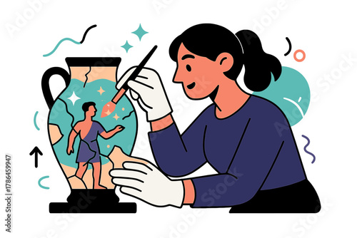 Art Restoration Scene. Restoration of ancient art. Conservator carefully repairing faded fresco or pottery;