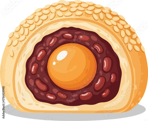 Delicious Cartoon Cross Section of Chinese Mooncake with Sweet Red Bean Paste and Salted Egg Yolk
