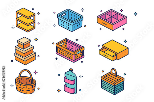 Colorful Storage Icons. Minimalist storage solutions. Colorful isometric vector icons set of Minimalist storage solutions: open shelving, storage basket,