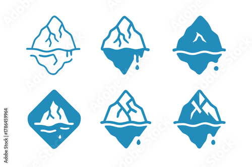 Melting Glacier Icons. Melting glaciers. Icon set. Set Logo of melting glaciers: cracked iceberg surface. harmonious logo variations of the same emblematic