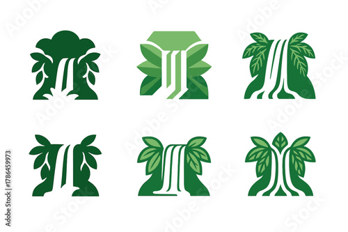 Waterfall Logo Variations. Rainforest waterfall. Set Logo of Rainforest waterfall: cascade behind foliage. harmonious logo variations of the same emblematic
