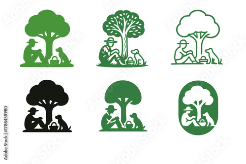 Farmer's Respite Emblems. A farmer and his dog taking a break under the shade of a tree. Set Logo of A farmer and his dog taking a break under the shade of a