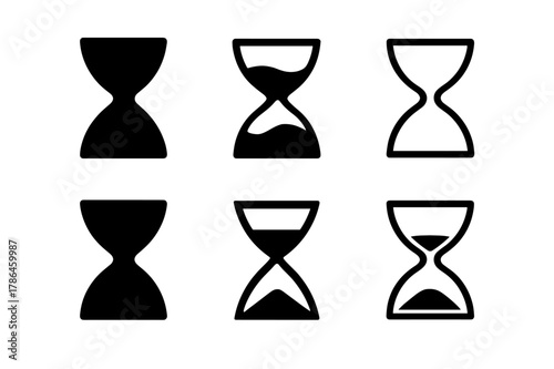Hourglass Solitude Icons. Embracing solitude and personal time. Set Logo of hourglass symbolizing me-time: Filled silhouette, Stylized detail, Iconic shape,